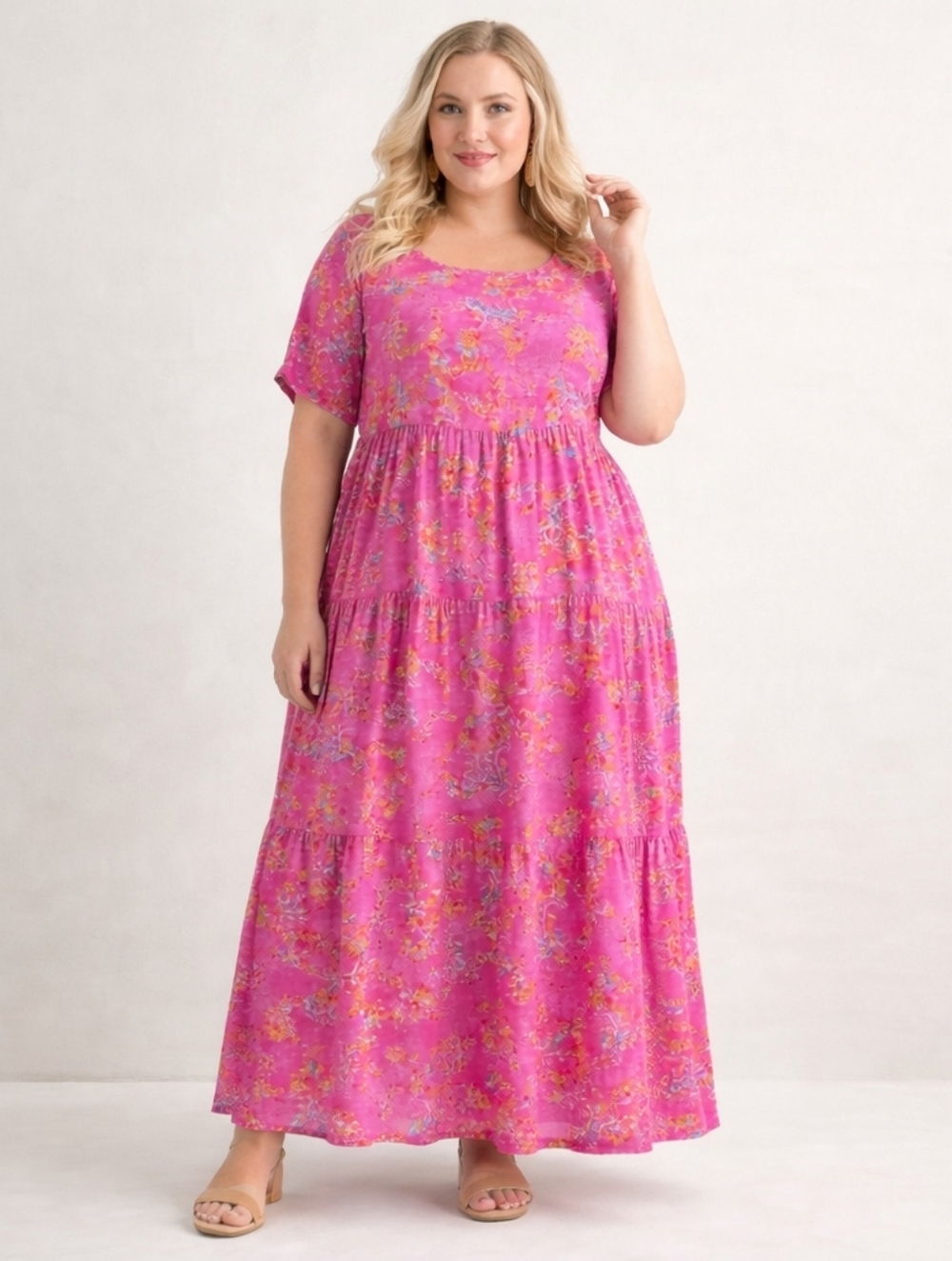 Charming Pink Floral Print Tiered Maxi Dress With Pockets